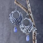 tanzanite earrings - hollow circle waves - Argentium silver