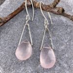rose quartz earrings - V bail -  Argentium silver - long