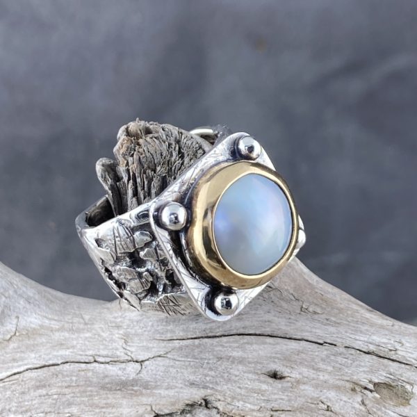 Tahitian pearl ring - size 7.5 - Argentium silver, brass - granules band - 4.5 carat - Image 5