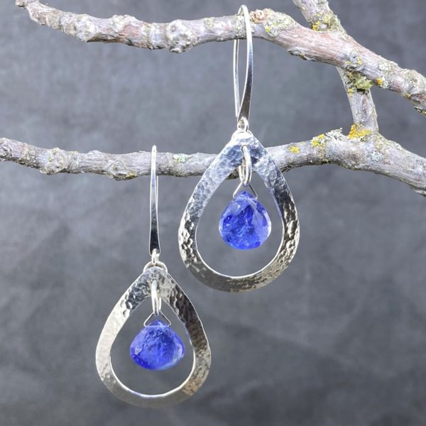 tanzanite earrings - hollow teardrop - Argentium silver