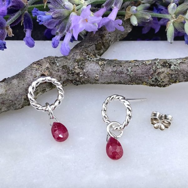 ruby earrings - twist sun post - Argentium silver - Image 3