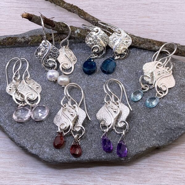 gemstone earrings - diamond waves - Argentium silver - small