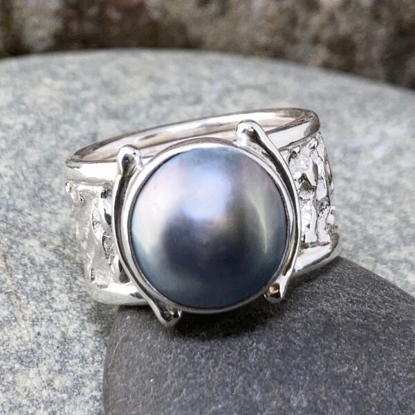 mabe' pearl ring - size 7.75 - Argentium silver lunar band