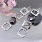 pearl (purple) earrings - hollow squares - Argentium silver