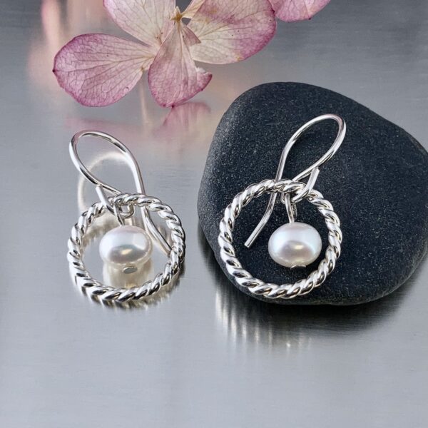 pearl earrings - twist suns - Argentium silver