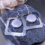 pearl earrings - hollow square - Argentium silver