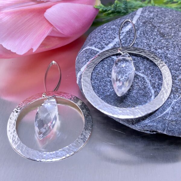 quartz earrings - hammered sun - Argentium silver