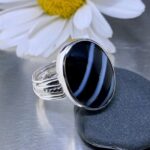 black line agate ring - size 8.75 - Argentium silver Bark design