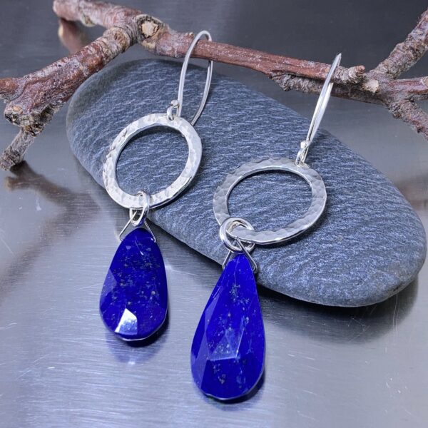 lapis earrings - hammered sun - Argentium silver - Image 3