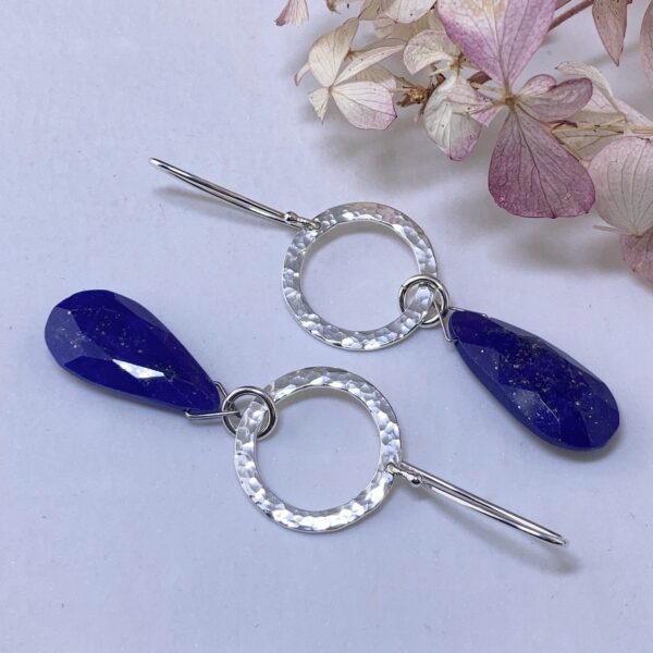 lapis earrings - hammered sun - Argentium silver - Image 4