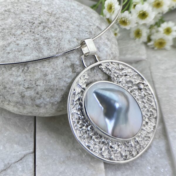 pearl blister pendant - Argentium silver full moon - Image 3