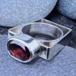 garnet ring – size 7.75 – Argentium silver circle & square - 8 carat